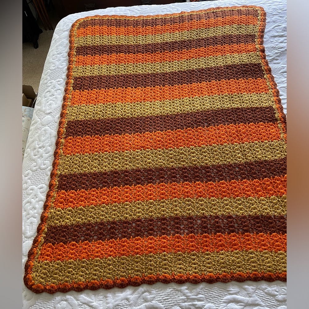 Vintage Hand Crocheted Throw 41”x54” - Fall Colors - Brown, Gold, Orange Pumpkin